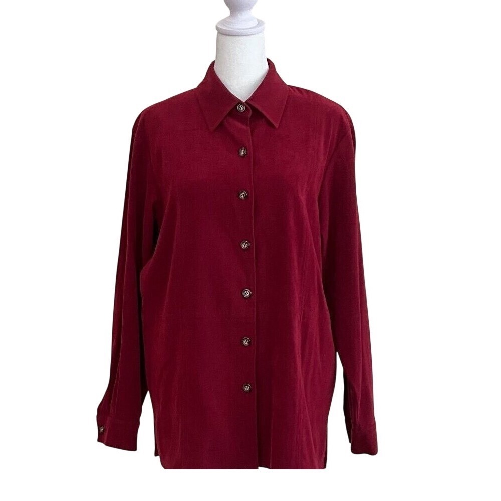 Talbots Petites Womens Medium Burgundy Red Faux Suede Button Down Shirt Stretch